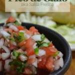 A simple salsa recipe made from freshly chopped tomatoes, onions, cilantro and jalapenos, seasoned with a little garlic salt and lime juice.