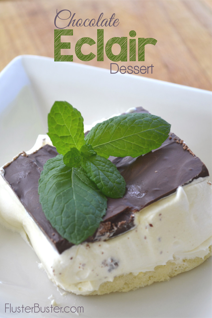 Chocolate Eclair Dessert: A dreamy, creamy, simple recipe that delights. Layered with sponge cake, a light and smooth custard and topped with chocolate.