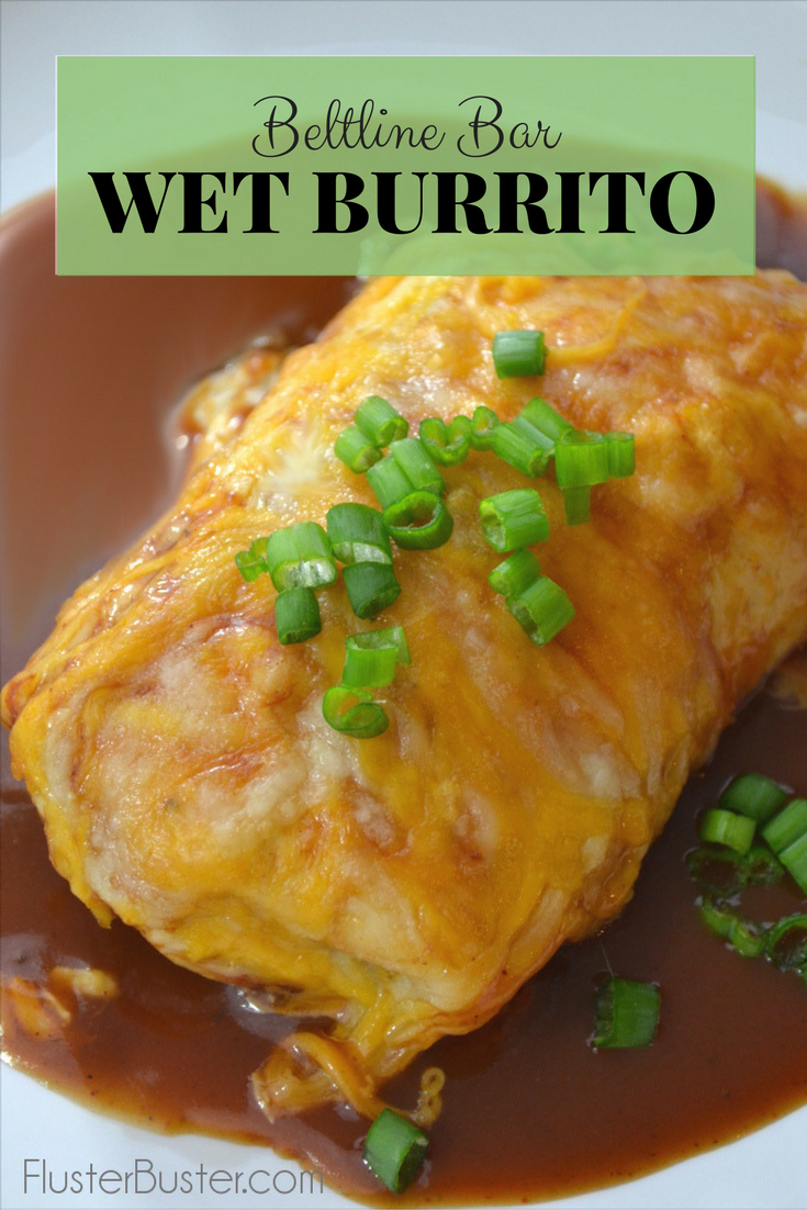 Beltline Bar Wet Burrito. Seasoned ground beef and beans wrapped in a flour tortilla, then it's topped with a very mild and flavorful sauce and lots of cheese. This is a great alternative for those that don't like the strong flavor of enchilada sauce. Simple, delicious recipe.