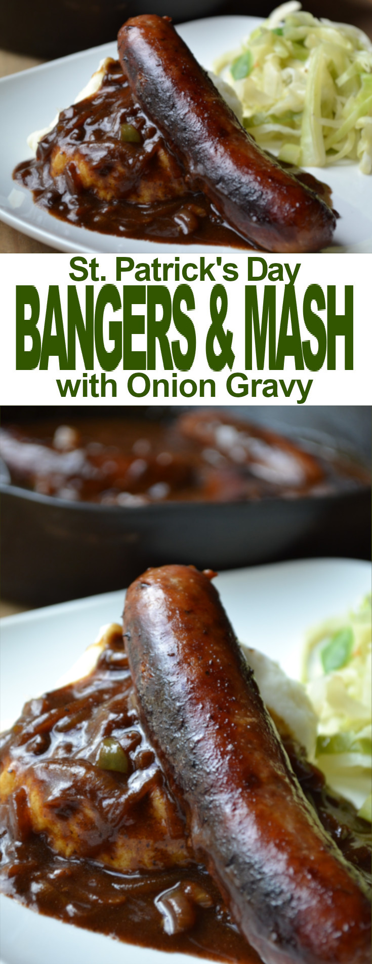 Simple Bangers and Mash - browned sausages served over mashed potatoes and covered in a savory onion gravy.