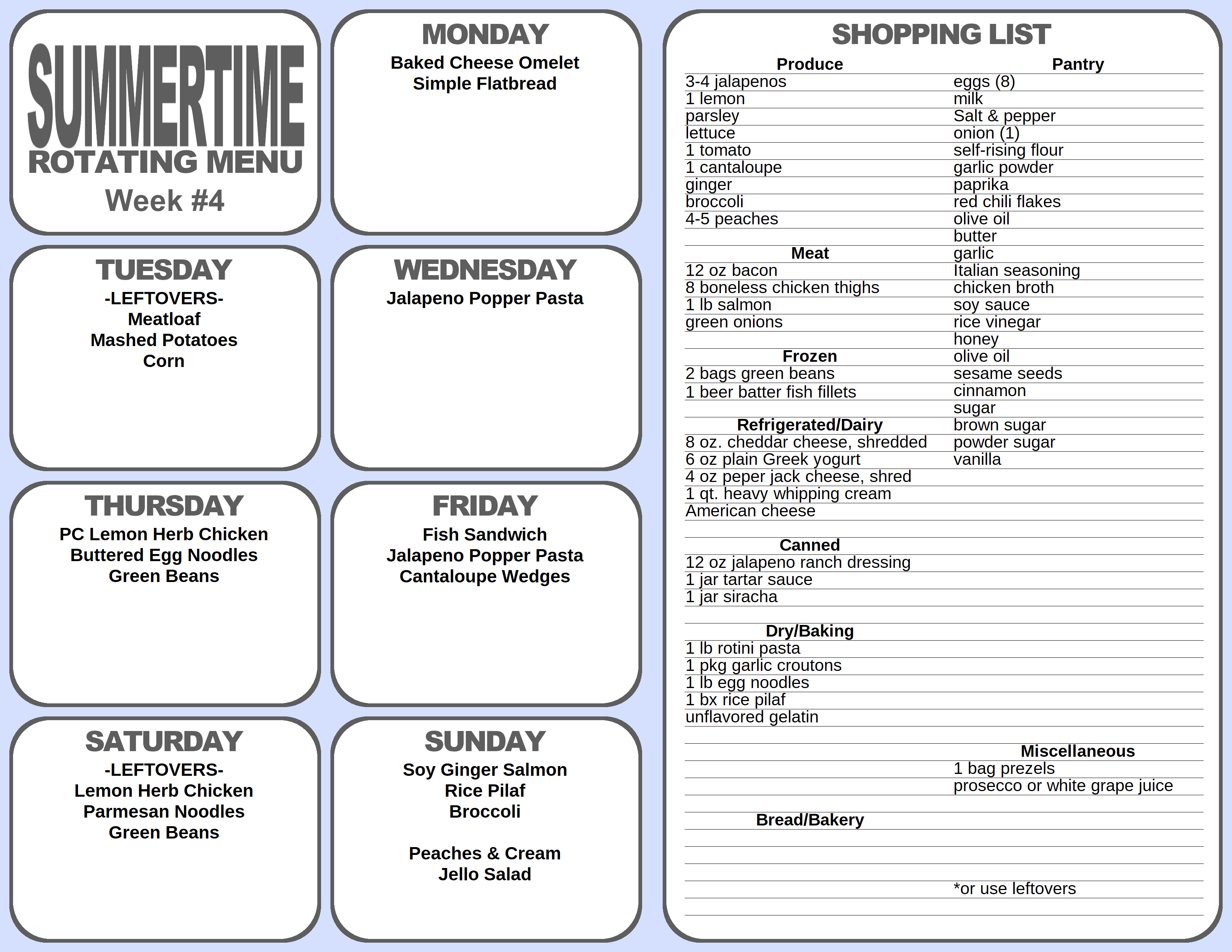 Summertime Rotating Meal Plans Week 4 | Fluster Buster