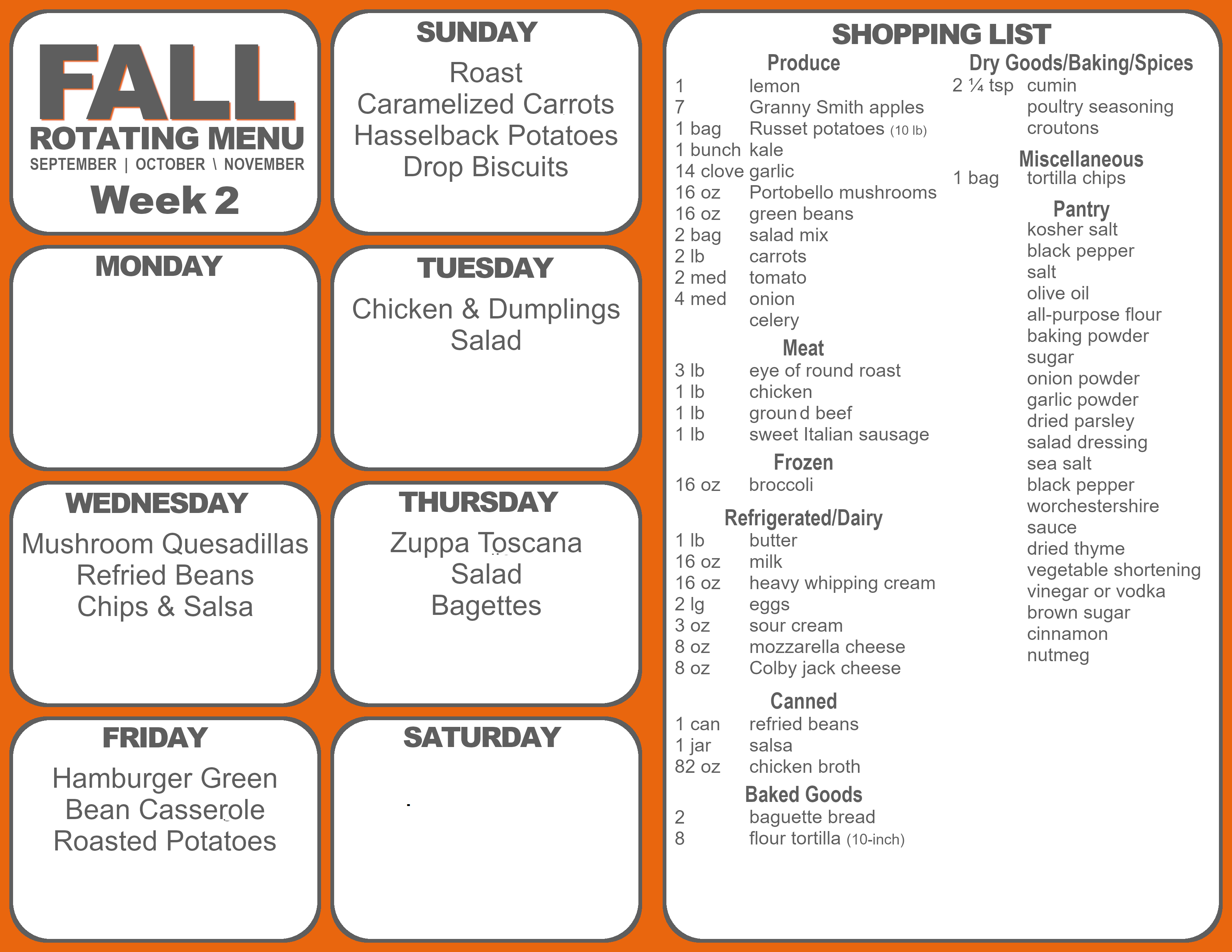 Easy Meal Plan Week 2 of Our Rotating Fall Menus Fluster Buster